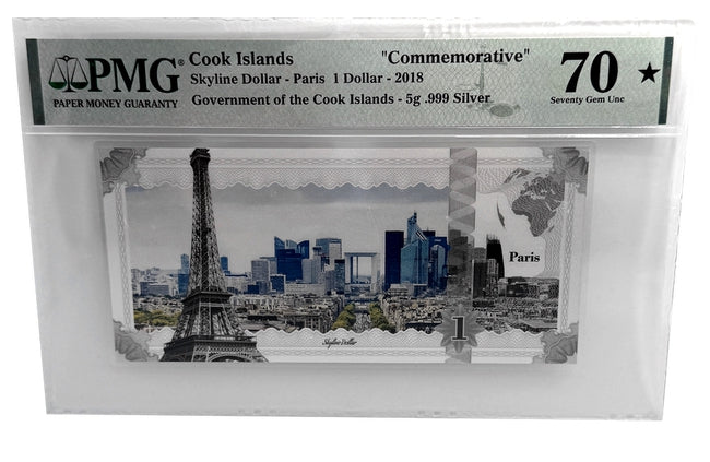 2017 Cook Islands 1 Dollar 5 gram Silver Paris Skyline Dollar Note PMG 70