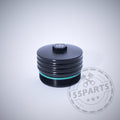 Die 55Parts Exclusive Aluminium Ölfilterkappe mit Sechskant in Schwarz mit grünem Dichtring, passend für BMW N20, N57, N52, N53, N54, N55, S55, B46, B48, B57 und B58 Motoren auf hellgrauem Hintergrund.