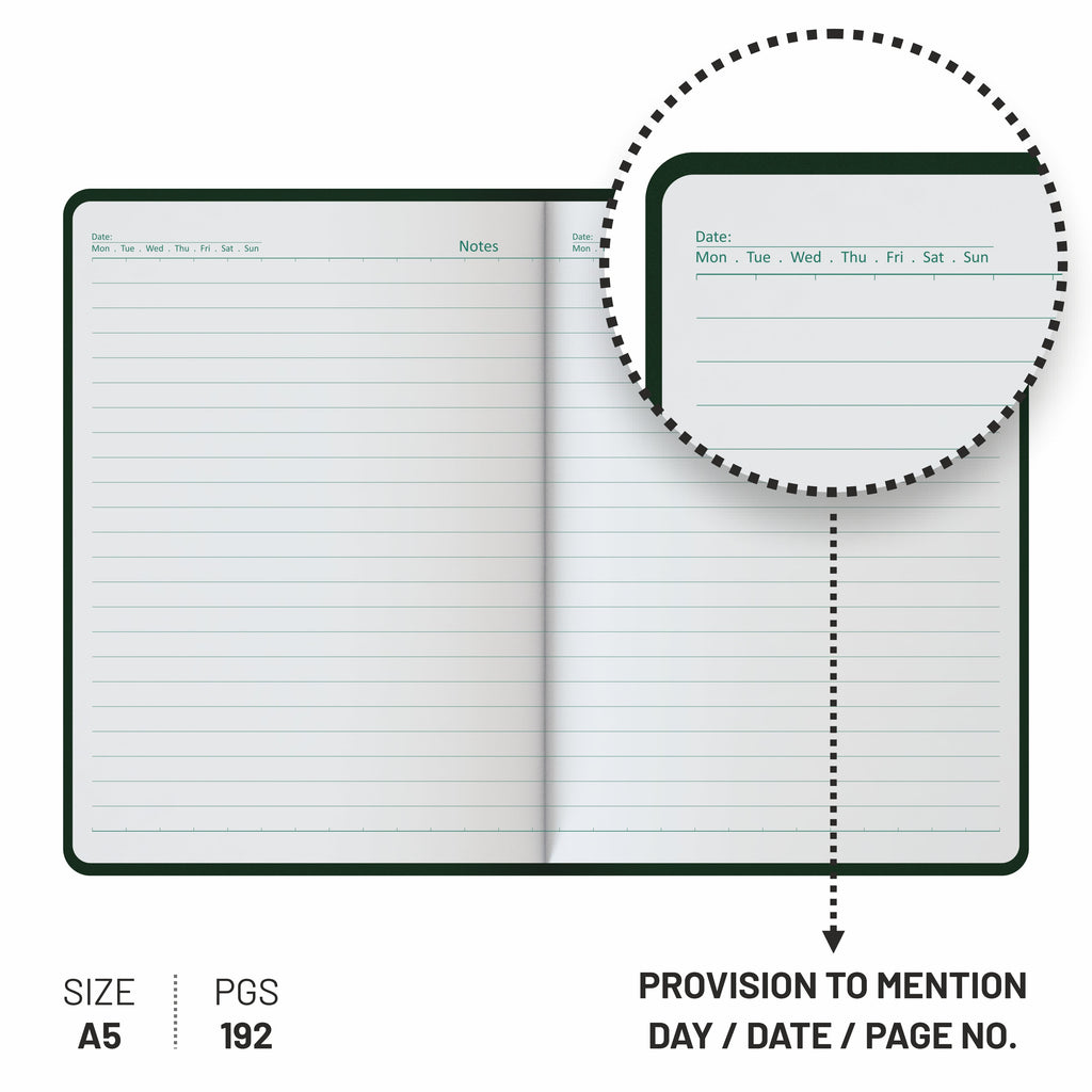 Anupam Daily Notes A5 Journal Notebook – 256 Pages, 80gsm, Fine Matte PVC Hard Cover with Foil, Elastic Closure, and Special Undated Calendar Pages