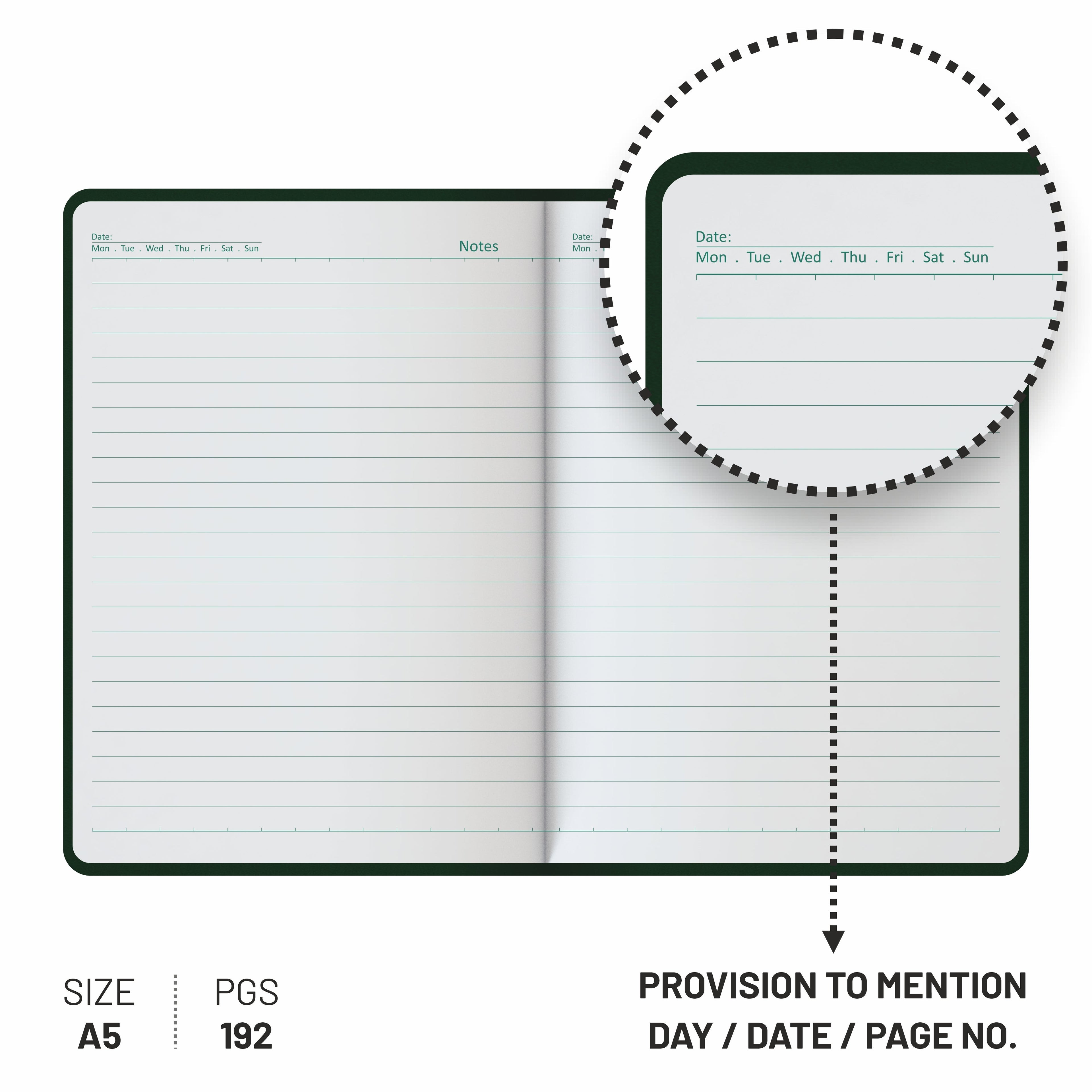 Anupam Daily Notes A5 Journal Notebook – 256 Pages, 80gsm, Fine Matte PVC Hard Cover with Foil, Elastic Closure, and Special Undated Calendar Pages